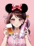  1girl alcohol beer bottle bow bowtie brown_hair cup dress earrings hair_bow highres holding holding_bottle holding_cup jewelry koharumichi long_hair looking_at_viewer minnie_mouse_ears mug original pearl_earrings pink_dress pink_eyes pink_lips pink_nails smile solo swept_bangs 