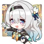  1girl 1other :d aqua_hair black_hairband black_shirt blue_bow bow chibi commentary_request firefly_(honkai:_star_rail) gradient_hair grey_hair hair_bow hairband honkai:_star_rail honkai_(series) jiu_fanglianhua long_sleeves looking_at_viewer multicolored_hair open_mouth pointing purple_eyes shirt smile solo_focus trailblazer_(honkai:_star_rail) upper_body 