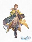  1boy belt boots brown_hair cape copyright_name full_body glasses gloves granblue_fantasy granblue_fantasy:_relink highres logo long_hair minaba_hideo official_art rolan_(granblue_fantasy:_relink) second-party_source solo sword weapon 