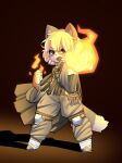 anthro arcanis_(hahaluckyme) calico_cat clothed clothing domestic_cat felid feline felis fire fully_clothed fur grey_body grey_fur hair hi_res jupiter_europe light lighting magic_user mammal red_eyes standing white_body white_fur white_hair yellow_body yellow_fur