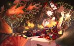  1girl :d absurdres bare_shoulders bow brown_hair carp criss-cross_halter detached_sleeves dress feet_out_of_frame fireworks floating_hair fox_mask hair_bow halterneck hand_up highres holding_fireworks honkai:_star_rail honkai_(series) legs_together long_bangs long_hair looking_at_viewer mask mask_on_head nail_polish night o-ring obi open_mouth outdoors pelvic_curtain red_bow red_dress red_eyes red_nails red_sleeves sash short_dress short_sleeves sidelocks sitting sleeveless sleeveless_dress smile solo sparkle_(honkai:_star_rail) sparkler teeth twintails upper_teeth_only xuan_xuan_xuan_za 