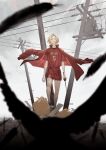  1boy absurdres androgynous bird blonde_hair coat coat_on_shoulders commentary_request crow falling_feathers feathers film_grain haikyuu!! hair_between_eyes highres holding holding_sword holding_weapon kento_matsuura kozume_kenma looking_at_viewer male_focus parted_lips power_lines red_coat red_shirt red_shorts shirt short_hair short_sleeves shorts solo sword utility_pole weapon yellow_eyes 
