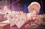  :q ace_taffy blush cake chinese_commentary closed_mouth commentary_request dress feet food garter_straps highres indie_virtual_youtuber looking_at_viewer lying no_shoes on_back on_stomach orange_eyes panties pink_hair puffy_short_sleeves puffy_sleeves short_hair short_sleeves soles synring97 the_pose thighhighs toes tongue tongue_out two_side_up underwear white_dress white_headwear white_panties white_thighhighs 