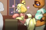 ambiguous_penetration animal_crossing anthro biped blue_eyes bottomless brown_body brown_fur canid canine canis clothed clothing domestic_dog enigi09 female fur group hi_res isabelle_(animal_crossing) male mammal nintendo nipple_outline penetration penile penile_penetration procyonid raccoon sex side_view tom_nook_(animal_crossing) trio yellow_body yellow_fur