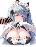  1girl animal animal_ear_fluff apron blue_hair breasts censored cum cum_on_body cum_on_breasts facial gloves goddess_of_victory:_nikke heart heart_hands highres large_breasts looking_to_the_side maid maid_apron official_alternate_costume penis privaty_(nikke) privaty_(unkind_maid)_(nikke) twintails yatanukikey yellow_eyes 