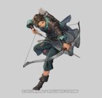  aiming armor arrow_(projectile) boots bow_(weapon) brown_footwear brown_hair copyright_name cyril_(fire_emblem) dark-skinned_male dark_skin fire_emblem fire_emblem:_three_houses fire_emblem_heroes green_shirt holding holding_arrow holding_bow_(weapon) holding_weapon leather leather_boots long_sleeves male_focus official_art open_mouth p-nekor red_eyes shirt shoulder_armor solo weapon 