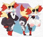 anthro areola bent_over big_breasts big_butt bottomwear braixen breasts butt clothed clothing dipstick_tail ear_piercing eyewear eyewear_on_head female food footwear generation_6_pokemon hi_res huge_breasts huge_butt inner_ear_fluff looking_at_viewer looking_back markings nintendo nipples piercing pink_areola pink_nipples pokemon pokemon_(species) popsicle popsicle_in_mouth purple_yoshi_draws red_eyes shirt shorts socks solo sunglasses sunglasses_on_head tail tail_markings thick_thighs topless topwear tuft wide_hips