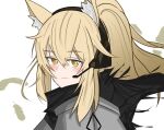  1girl animal_ear_fluff animal_ears arknights black_scarf blonde_hair blush bright_pupils closed_mouth commentary english_commentary grey_jacket hair_between_eyes headset horse_ears horse_girl jacket long_hair looking_at_viewer nearl_(arknights) portrait scarf sidelocks smile solo turning_head white_background white_pupils yellow_eyes yosua_0669 