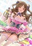  1girl ass_visible_through_thighs bare_shoulders black_panties blush brown_hair choker corset dress dutch_angle feet_out_of_frame frilled_choker frilled_dress frills gloves groin highres holding holding_microphone idol_clothes idolmaster idolmaster_cinderella_girls looking_at_viewer micro_panties microphone mk_(mod0) neck_ribbon off-shoulder_dress off_shoulder panties pantyshot pink_dress ribbon side-tie_panties smile solo sweat takamori_aiko thighhighs two_side_up underwear white_gloves white_thighhighs 