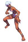  1girl anklet barefoot bikini blue_eyes bracelet breasts dark-skinned_female dark_skin earrings elena_(street_fighter) full_body hungry_clicker jewelry medium_breasts navel neck_ring short_hair smile solo street_fighter street_fighter_iii_(series) swimsuit very_dark_skin white_background white_hair 