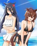  2girls absurdres agnes_tachyon_(umamusume) ahoge alternate_costume animal_ears arms_under_breasts bare_shoulders bikini bikini_skirt black_bikini black_hair blue_sky blush breasts brown_hair cleavage closed_mouth commentary_request cowboy_shot earrings flower frilled_bikini frills front-tie_bikini_top front-tie_top hair_between_eyes hair_flower hair_ornament hands_on_own_knees highres horse_ears horse_girl horse_tail jewelry leaning_forward lens_flare manhattan_cafe_(umamusume) medium_breasts multiple_girls navel ocean open_mouth outdoors red_eyes single_earring sky sky_wing12 smile swimsuit tail umamusume water white_bikini yellow_eyes 