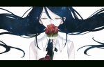  1girl bare_shoulders black_gloves black_hair closed_eyes collared_shirt covering_own_mouth double_exposure facing_viewer fingerless_gloves floating_hair flower gloves hair_between_eyes hair_spread_out holding holding_flower hoshino_ichika_(project_sekai) letterboxed long_hair project_sekai red_flower ritzchrono shirt shooting_star sidelocks simple_background sleeveless sleeveless_shirt solo space star_(sky) upper_body white_background white_shirt 