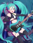  1girl blue_eyes blue_hair blush boots clothing_cutout commentary crop_top electric_guitar esp_stream-miku-custom guitar hair_ornament hairclip hatsune_miku holding holding_guitar holding_instrument holding_plectrum instrument kurose_nia long_hair long_sleeves looking_at_viewer midriff nail_polish open_mouth plectrum shoulder_cutout skirt solo standing standing_on_one_leg thigh_boots twintails very_long_hair vocaloid 