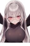 1girl arms_up black_sweater blush breasts dot_nose ear_bar ear_piercing grey_hair highres large_breasts long_hair long_sleeves open_mouth original piercing reaching reaching_towards_viewer red_eyes round_eyewear simple_background solo sweat sweater white_background yonako_(123456nya) 