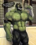 2024 abs anthro balls_outline biceps big_muscles bodily_fluids bottomwear bulge claws clothing detailed_background detailed_bulge dialogue dojo english_text front_view genital_outline green_body green_scales hand_wraps inside inviting lizard lizardman male manly mask monotone_body monotone_scales mortal_kombat muscular muscular_anthro muscular_male nipples non-mammal_nipples pants pecs penis_outline portrait reptile reptile_(mortal_kombat) saurian_(mortal_kombat) scales scalie sharp_teeth solo speech_bubble sweat teeth text three-quarter_portrait wraps zaqiizawa