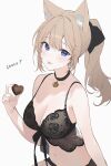  1girl animal_ear_fluff animal_ears bare_arms bare_shoulders bell bikini black_choker blonde_hair blue_eyes blush breasts candy cat_ears cat_girl chocolate choker cleavage commentary food front-tie_bikini_top front-tie_top hair_ribbon heart heart-shaped_chocolate highres holding holding_chocolate holding_food looking_at_viewer medium_breasts navel neck_bell open_mouth original ponytail ribbon simple_background solo soybean_(hisoybean) swimsuit symbol-only_commentary tongue tongue_out upper_body white_background 