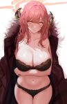  1girl absurdres arm_under_breasts aru_(blue_archive) black_bra black_panties blue_archive bra breasts brown_coat brown_horns cleavage coat coat_on_shoulders commentary_request demon_horns fur-trimmed_coat fur_trim halo highres horns lace-trimmed_bra lace_trim large_breasts light_blush long_hair looking_at_viewer navel ni_tamago_sando panties parted_lips pink_halo simple_background smile solo stomach teeth thigh_gap underwear white_background yellow_eyes 