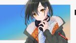  1girl black_hair choker collared_shirt fur-trimmed_collar fur_trim hand_on_headphones headphones headphones_around_neck highres jacket long_sleeves looking_at_viewer naname_(7name) necktie original quilted_clothes shirt short_hair smile solo striped_necktie upper_body yellow_eyes 