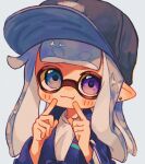  1girl baseball_cap blue_eyes blue_hair blue_headwear commentary ear_piercing fingers_to_cheeks hat heterochromia highres inkling_girl inkling_player_character long_hair looking_at_viewer ochocho2828 piercing pointy_ears purple_eyes simple_background solo splatoon_(series) splatoon_3 tentacle_hair upper_body white_background 