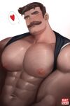  1boy abs absurdres bara bare_pectorals blue_eyes brown_hair chest_hair cleft_chin clothes_lift facial_hair handlebar_mustache heart highres kaysuoae large_pectorals looking_at_viewer male_focus mature_male muscular muscular_male navel_hair nipples original pectorals shirt_behind_neck shirt_lift short_hair sideburns simple_background solo speech_bubble thick_eyebrows upper_body white_background 