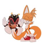  2boys animal_ears antennae arms_behind_head charmy_bee closed_eyes full_body furry furry_male gloves highres multiple_boys multiple_tails red_footwear shoes simple_background sonic_(series) stars_kii tail tails_(sonic) teeth tongue tongue_out two-tone_footwear two_tails white_background white_footwear white_gloves 