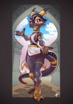 absurd_res amber_eyes anthro ayemev black_body black_scales cleo_(illustriousgrave) clothing egyptian egyptian_clothing feet_up female gold_markings hi_res kobold markings scales solo tongue yellow_tongue