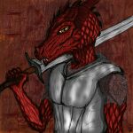 absurd_res anthro armor biceps breastplate breasts chainmail cursedtemplar dragon dragonborn_(dnd) dungeons_and_dragons glistening glistening_armor half-closed_eyes hasbro hi_res horn humanoid knight male melee_weapon mouth_closed narrowed_eyes one_eye_obstructed red_body red_scales reptile scales scalie side_boob solo sword teeth_showing unknown_artist warrior watermark weapon wizards_of_the_coast yellow_eyes