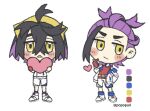  1boy black_hair blue_socks blush_stickers chibi closed_mouth color_guide forehead gloves hair_between_eyes hairband heart highres holding holding_heart jacket kieran_(pokemon) long_sleeves male_focus multicolored_hair off_shoulder open_clothes open_jacket parted_lips partially_fingerless_gloves pokemon pokemon_sv popo_(popopuri) puffy_long_sleeves puffy_sleeves purple_hair red_gloves red_tank_top shoes short_eyebrows shorts simple_background socks tank_top thick_eyebrows two-tone_hair v-shaped_eyebrows white_background white_footwear white_jacket white_shorts yellow_eyes yellow_hairband 