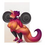 anthro big_breasts bone_frill bottomwear breasts ceratopsian clothing dinosaur exercise female frill_(anatomy) harnny hi_res horn huge_breasts loincloth non-mammal_breasts ornithischian reptile scalie slightly_chubby solo squats toqli_(galis) triceratops weightlifting weights workout