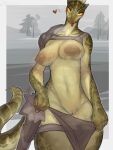 &lt;3 anthro argonian bethesda_softworks big_breasts bottomwear bottomwear_down breasts clothing female green_body green_scales hi_res horn nipples non-mammal_breasts onm11 reptile scales scalie shoulder_pads solo tail the_elder_scrolls