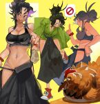  1girl :p absurdres adjusting_footwear animal bag bird black_bra black_hair black_hakama blue_eyes bra breasts chicken cleavage closed_mouth commentary female_pubic_hair green_kimono groin hair_pulled_back hakama hakama_pull hand_on_own_hip hand_up highres hip_vent holding holding_bag index_finger_raised japanese_clothes kimono knights_of_the_wandering_castle lady_kitakaze_no_shodan large_breasts long_sleeves looking_at_viewer looking_down luny multicolored_hair multiple_views navel no_shirt no_symbol open_clothes ponytail profile pubic_hair red_footwear road_sign rope scrunchie shoes short_kimono sideways_glance sign sketch smile smug sneakers speech_bubble spoken_no_symbol standing standing_on_one_leg stop_sign streaked_hair tongue tongue_out underwear wrist_scrunchie yellow_background 