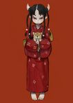  barefoot black_hair braid brown_eyes dog ebimomo hair_bobbles hair_ornament highres horns japanese_clothes kimono monster_girl original solo 