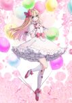  1girl balloon blonde_hair blue_eyes blush capelet closed_mouth dress fairy fairy_wings flower frilled_dress frills full_body highres lily_white long_hair looking_at_viewer pink_flower red_footwear shironeko_yuuki shoes smile socks solo touhou white_capelet white_dress white_socks wings 