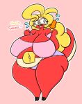 anthro belly big_belly big_breasts blonde_hair breasts clothing eyewear female fuecoco generation_9_pokemon glasses hair hi_res lewdchuu_(artist) navel nervous nervous_smile nintendo pokemon pokemon_(species) red_body savita_(lewdchuu) slightly_chubby solo tail thick_thighs topwear underwear