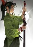  1girl black_hair black_hakama blonde_hair breasts colored_tips commentary cowboy_shot english_commentary from_side gradient_background green_kimono grey_background hair_ribbon hakama hand_up highres hip_vent holding holding_sword holding_weapon japanese_clothes katana kimono knights_of_the_wandering_castle lady_kitakaze_no_shodan long_hair long_sleeves luny multicolored_hair ponytail profile red_ribbon reverse_grip ribbon rope sheath solo streaked_hair sword toned two-tone_hair unsheathing weapon white_background 