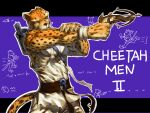  1boy abs aiming apollo_(cheetahmen) arrow_(projectile) belt black_belt brown_eyes cheetah_boy cheetahmen cheetahmen_ii claws copyright_name cowboy_shot crossbow doodles finger_on_trigger furry furry_male hand_on_own_arm highres holding holding_crossbow holding_weapon letterboxed male_focus muscular muscular_male p!k@ru pectorals purple_background quiver simple_background solo tail toga weapon wrist_wrap 