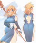  1girl arm_under_breasts ass bare_shoulders blonde_hair blue_eyes blush breasts clothing_cutout dress earrings genderswap genderswap_(mtf) green_dress highres holding holding_staff jewelry large_breasts link medium_hair no_panties pointy_ears shiny_clothes shiny_skin staff stomach_cutout the_legend_of_zelda ttanuu. white_background 
