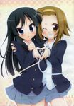  akiyama_mio black_eyes black_hair brown_eyes brown_hair doujinshi grin hairband hand_on_shoulder heart heart_hands heart_hands_duo highres hoppege k-on! long_hair multiple_girls one_eye_closed scan school_uniform short_hair skirt smile tainaka_ritsu 