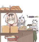  3girls baguette blue_archive blush bread chinatsu_(blue_archive) enobun3gyo food glasses highres hina_(blue_archive) holding holding_plate holding_tongs iori_(blue_archive) long_skirt multiple_girls plate purple_eyes red_eyes shirt simple_background skirt smile sweater table tongs twintails white_background white_hair white_shirt yellow_eyes 