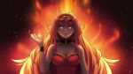  bare_shoulders breasts cleavage commentary fiery_background fire flaming_eye glasses hibiki_du_ca long_hair nijigen_project open_mouth pink_hair potatoc96030882 red_eyes virtual_youtuber 