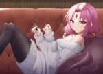  1girl absurdres blush breasts cleavage couch forehead_jewel fu_xuan_(honkai:_star_rail) hair_ornament highres holding honkai:_star_rail honkai_(series) knees_up long_hair looking_at_viewer low_twintails mikqze nail_polish off-shoulder_sweater off_shoulder painting_nails pantyhose parted_bangs pink_hair sitting solo sweater twintails yellow_eyes 