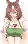  1girl absurdres alternate_costume animal_ears apron bare_shoulders barefoot between_breasts blush breasts brown_hair candy chocolate chocolate_on_body chocolate_on_breasts collarbone commentary_request feet food food_on_body green_apron hair_between_eyes hand_on_own_chest heart heart-shaped_chocolate highres himuraanzu horse_ears horse_girl horse_tail large_breasts long_hair looking_at_viewer multicolored_hair naked_apron on_floor open_mouth red_eyes sirius_(azur_lane) sirius_symboli_(umamusume) solo streaked_hair tail textless_version umamusume v-shaped_eyebrows valentine white_hair wooden_floor 
