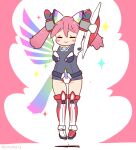  1girl arms_up boots closed_eyes coroha full_body gloves hinata_natsumi jumping kemono_friends kemono_friends_3 keroro_gunsou leotard long_hair looking_at_viewer mecha_musume pink_background pink_hair shield simple_background solo thighhighs twintails wings 