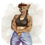 2023 absurd_res anthro bottomwear clara_(ermwhat) clothing female flexing g0ni25 gesture hair hi_res hyena looking_at_viewer mammal muscular pants solo spotted_hyena topwear vein