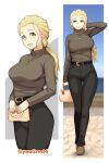  1girl absurdres bag belt black_belt black_pants blonde_hair blue_sky blurry blurry_background brown_eyes brown_footwear casual clear_sky closed_mouth commentary cropped_legs day depth_of_field girls_und_panzer grey_sweater hair_pulled_back hair_tie hairband hand_in_own_hair handbag highres holding holding_bag jewelry long_hair long_sleeves looking_at_viewer multiple_views necklace open_mouth outdoors pants ponytail ribbed_sweater sasaki_akebi shoes sky smile standing sweater thigh_gap turtleneck twitter_username white_hairband yougata 