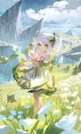  1girl back_bow bare_shoulders blue_sky bow cloud commentary_request cross-shaped_pupils crossed_arms day dress field flower flower_field from_side genshin_impact grass green_dress green_eyes hair_between_eyes hair_ribbon highres holding holding_flower lake landscape looking_at_viewer medium_hair mountain nahida_(genshin_impact) off_shoulder open_mouth outdoors pine_tree ribbon scenery side_ponytail sky solo standing symbol-shaped_pupils tree water white_flower white_hair wind yurayura_(mdeh5447) 