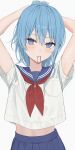  1girl absurdres alternate_costume arms_up blue_eyes blue_hair blue_sailor_collar blue_skirt blush commentary_request hair_tie_in_mouth highres hololive hoshimachi_suisei looking_at_viewer medium_hair mouth_hold neckerchief norio_(noriosub) parted_lips partial_commentary pleated_skirt red_neckerchief sailor_collar school_uniform serafuku shirt short_sleeves simple_background skirt solo star_(symbol) star_in_eye symbol_in_eye tying_hair virtual_youtuber white_background white_shirt 