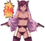  1girl black_bra black_panties black_ribbon black_thighhighs blue_eyes bra breasts dual_wielding english_text gun hair_ribbon holding holding_gun holding_weapon kamisimo_90 lingerie long_hair looking_at_viewer navel open_clothes open_shirt original panties parted_lips pink_shirt ribbon shirt simple_background solo standing thigh_strap thighhighs underwear weapon white_background 