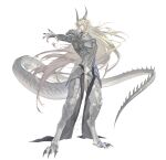  1boy absurdres animal_feet animal_hands armor blonde_hair blue_eyes breastplate brown_hair claws closed_mouth colored_skin digitigrade dragon_boy dragon_horns dragon_tail ear_piercing floating_hair full_body gradient_hair grey_horns grey_scales grey_skin highres horns leviair long_hair long_tail looking_at_viewer male_focus monster_boy multicolored_hair original outstretched_arm pauldrons piercing ponytail scales shoulder_armor sidelocks simple_background solo spread_fingers standing tail very_long_hair watermark white_background 