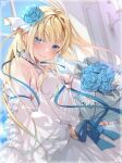  1girl absurdres aizawa_ema bare_shoulders blonde_hair blue_eyes blush bouquet breasts cleavage dress flower highres large_breasts long_hair looking_at_viewer rose ruo19 virtual_youtuber vspo! white_dress 